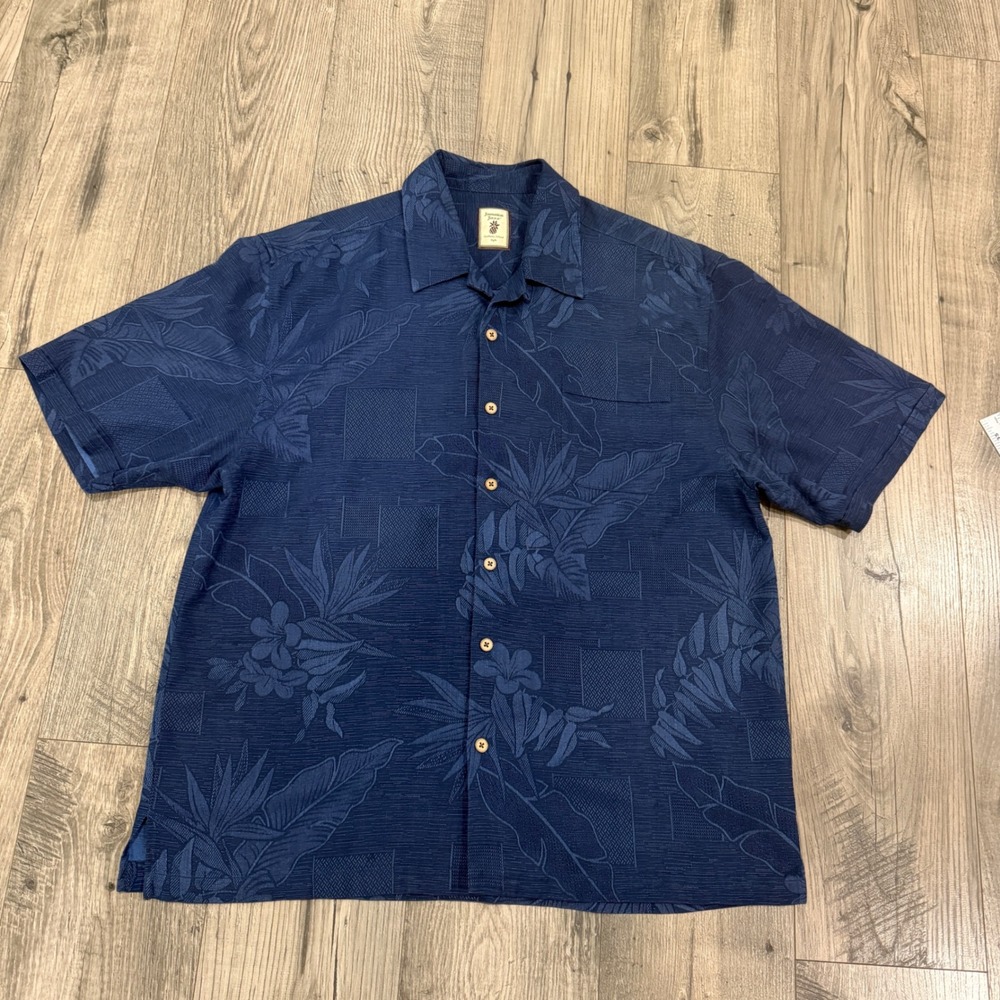 Jamaica Jaxx Mens XL Blue 100% Silk Jacquard Tropical Floral Camp Shirt